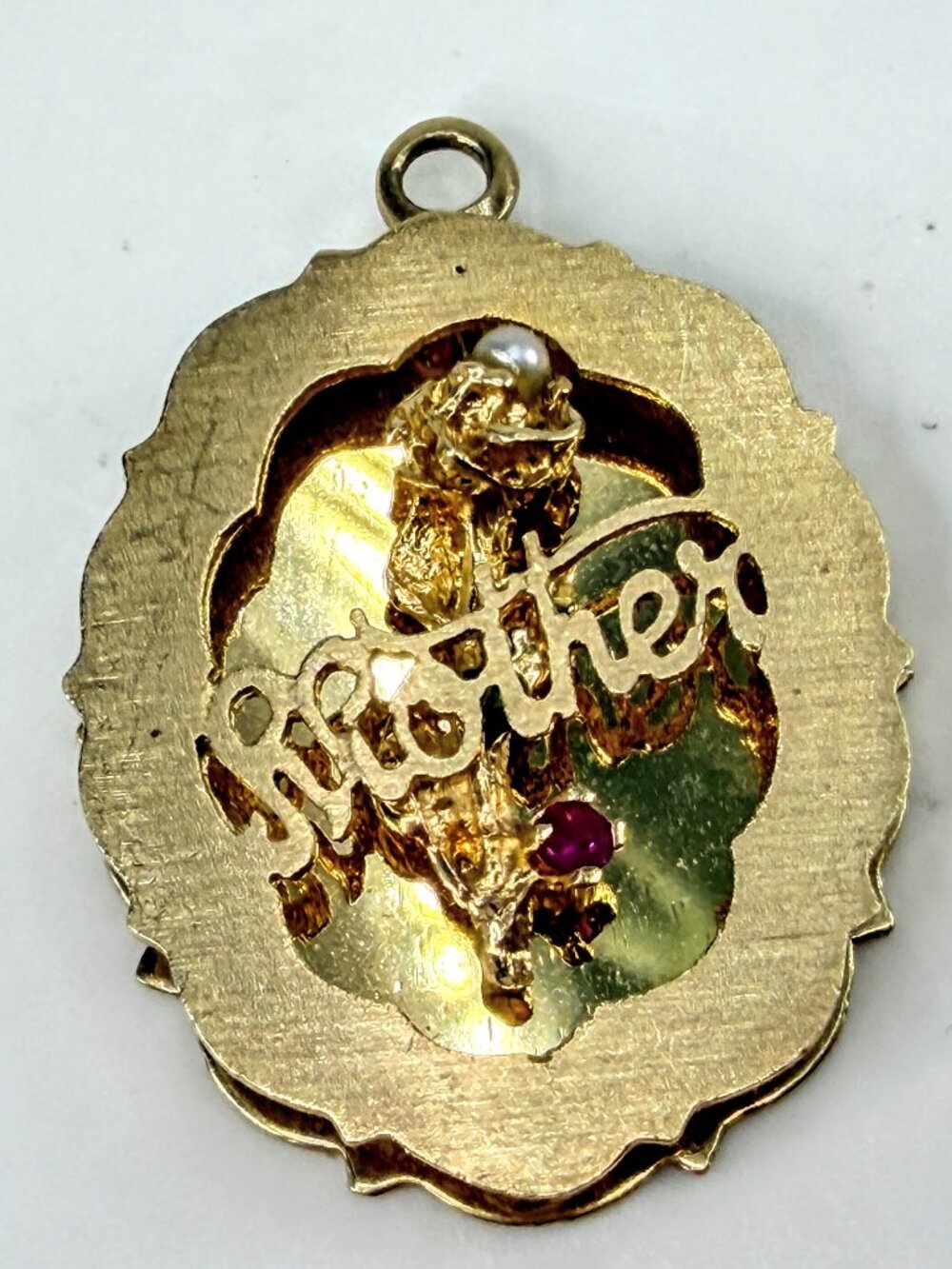 Vintage 14K Gold Mother Rose Pearl Ruby Pendant Charm 33mm 5.9g JR2020